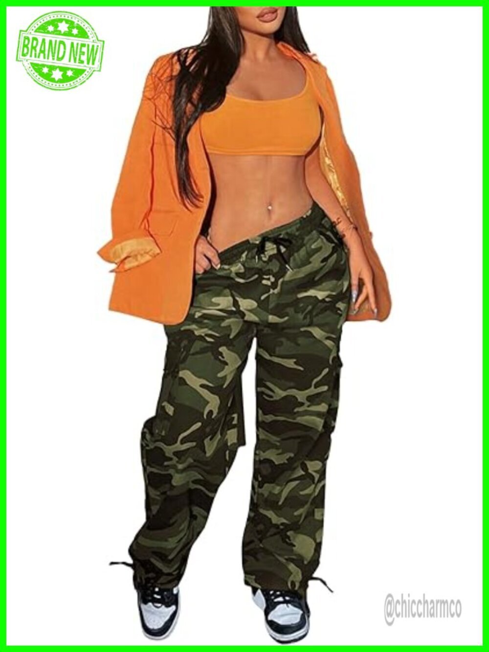 Camo Cargo Pants, Drawstring Elastic Waist, Baggy Wide Leg, 6 Pockets, Hiking